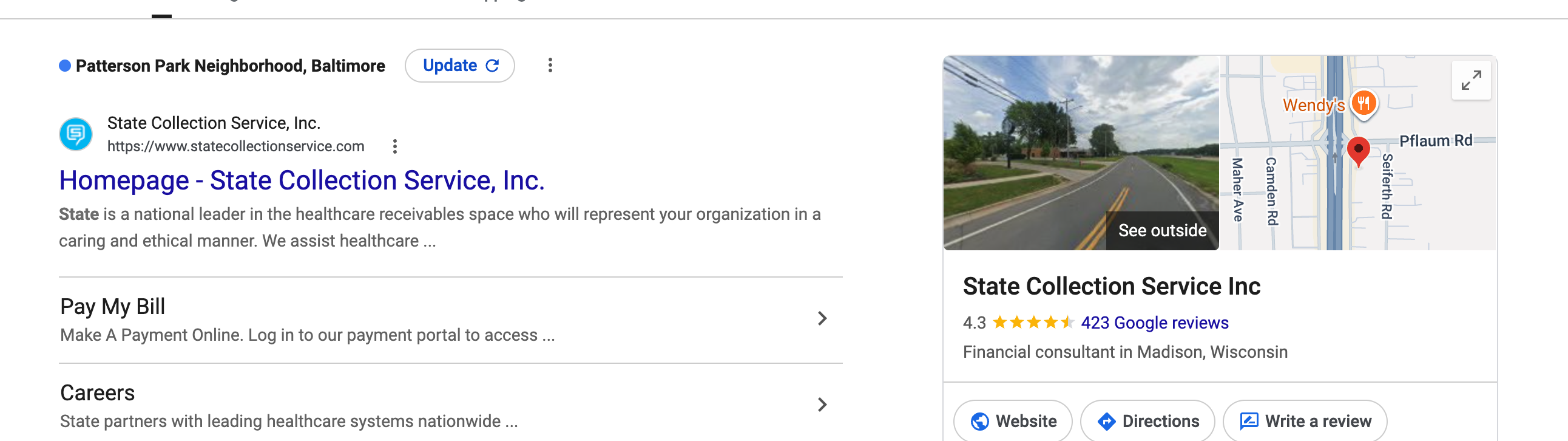 Google search result for State Collection Service Inc showing 4.3 stars and 423 Google reviews